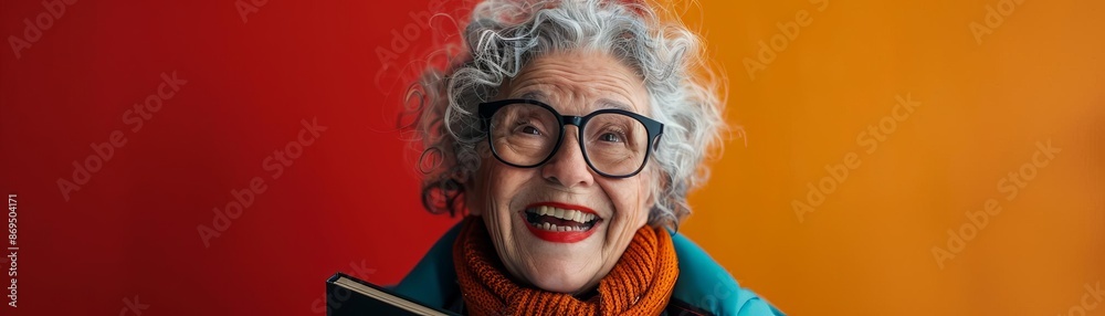 Senior librarian with glasses, smiling excitedly, holding a book, colorful background, editorial style, literary photo Senior librarian with glasses, smiling excitedly, holding a book, colorful background, editorial style, literary photo