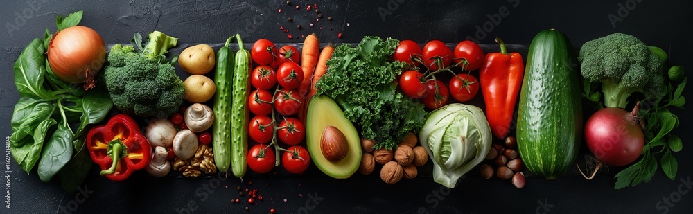 Vegetables on a black background. Vegetable background. Healthy and useful food. Broccoli, tomatoes, mushrooms, avocado, cucumber, zucchini, carrots, onions, red hot peppers, nuts, parsley and greens. Vegetables on a black background. Vegetable background. Healthy and useful food. Broccoli, tomatoes, mushrooms, avocado, cucumber, zucchini, carrots, onions, red hot peppers, nuts, parsley and greens.