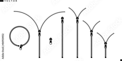 Abstract zipper silhouette. Black zip vector. Isolated zippers on white background