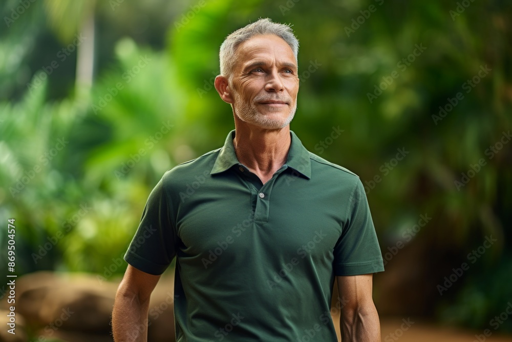 Portrait of a tender man in his 50s wearing a sporty polo shirt in lush tropical rainforest Portrait of a tender man in his 50s wearing a sporty polo shirt in lush tropical rainforest