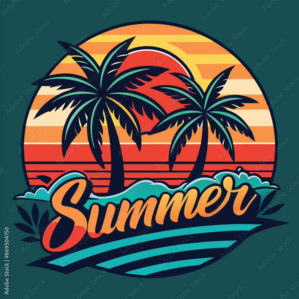 Fototapeta premium Summer camp vector banner template - Kids summmer camp vector illustration. Happy Summer Holidays with beach summer. Ai generate 