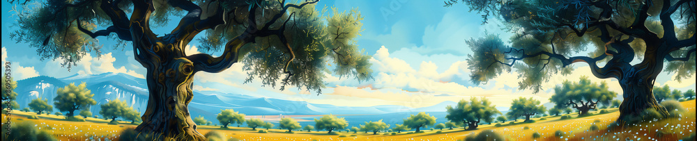 Fototapeta premium Scenic view of sunlit olive trees on gentle rolling hills, capturing the serene beauty of a Mediterranean landscape. Generative ai raster illustration. Pop art comic book style imitation