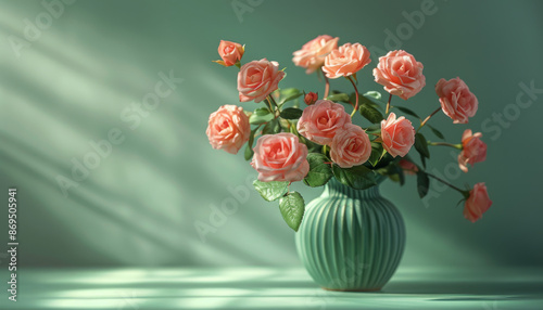 Wallpaper Mural Pink Roses in a Green Vase with Sunlight Torontodigital.ca