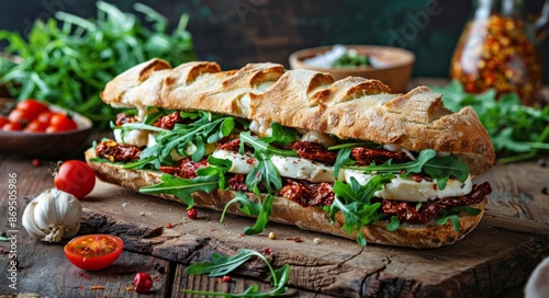 Fresh Sun-Dried Tomato, Mozzarella, and Arugula Sandwich on Rustic Wooden Board