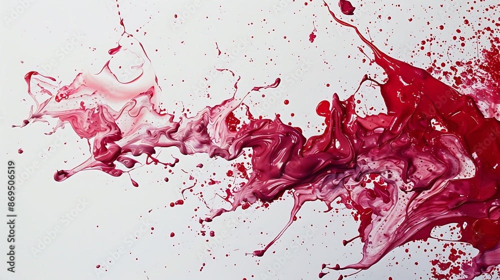 Ruby paint swirling and splattering, creating a mesmerizing composition on a white surface. Ruby paint swirling and splattering, creating a mesmerizing composition on a white surface.