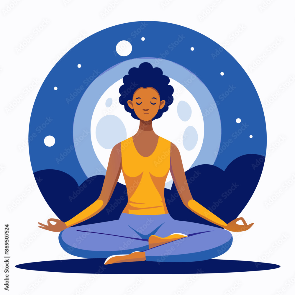 A yogi practicing yoga under a full moon. on white background A yogi practicing yoga under a full moon. on white background