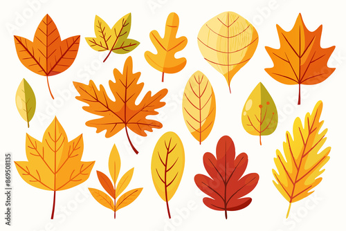 A collection of gold autumn leaves in various shapes and colors 