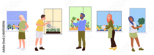 Happy inspired people cartoon characters caring mini garden on home windowsill isolated set