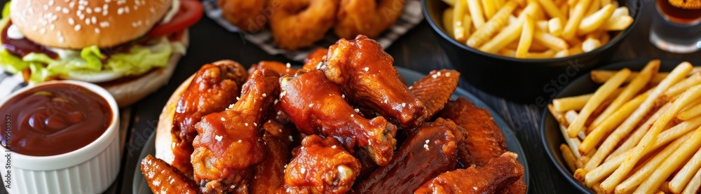 A delicious and satisfying meal of burgers, chicken wings, and fries. A delicious and satisfying meal of burgers, chicken wings, and fries.