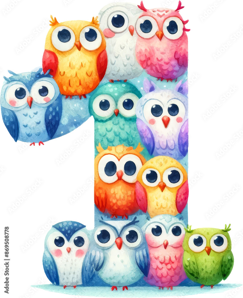 Obraz premium Colorful number one made of cute owls in various hues. Perfect for children's books, educational materials, and playful designs.