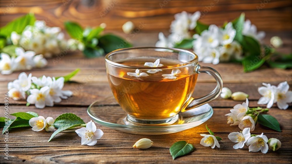 jasmine tea and jasmine flowers on wooden background.