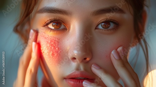 Close-up face of woman worry about acne and easily irritated skin conditions. sensitive skin and skin care concept.