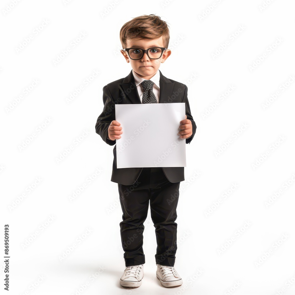 cute little professional Lawyer standing and hand holds a white acrylic sheet, looking directly at the camera with an attentive expression isolated on white background cute little professional Lawyer standing and hand holds a white acrylic sheet, looking directly at the camera with an attentive expression isolated on white background