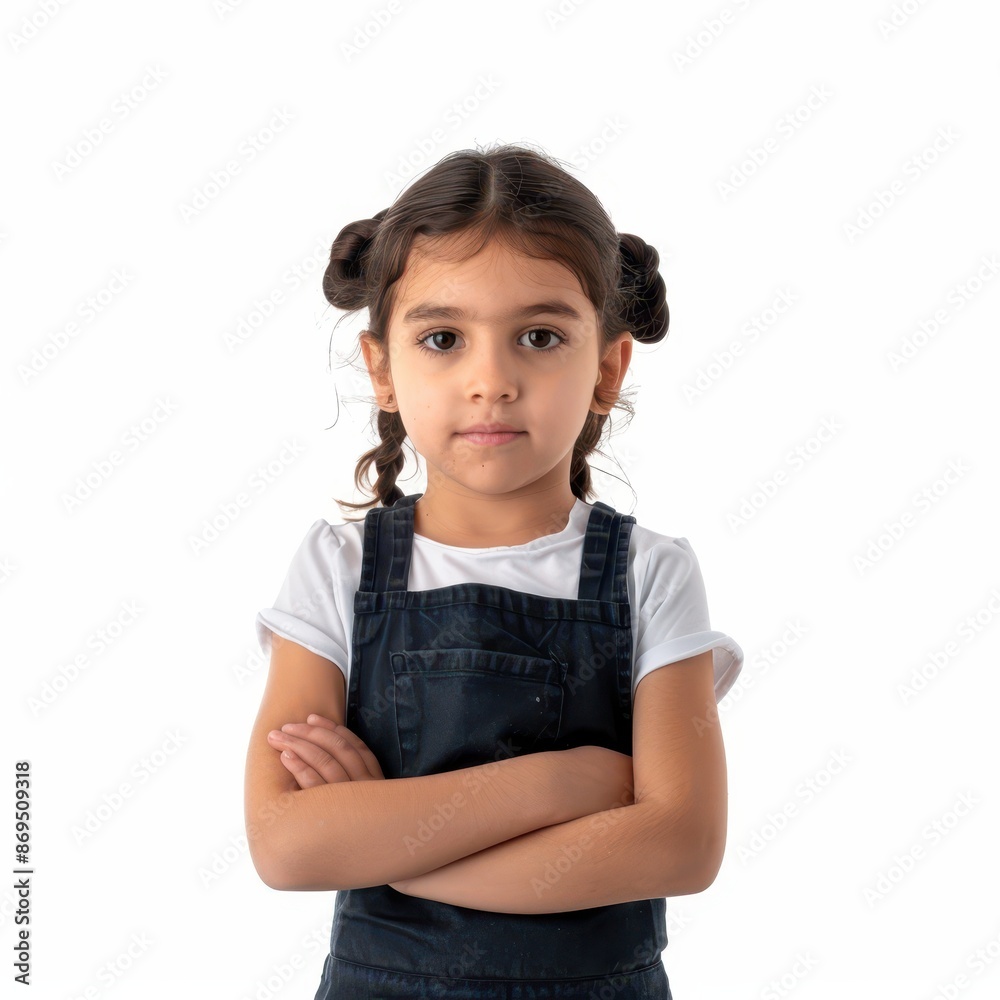 cute little professional Cashier standing , looking directly at the camera with an attentive expression isolated on white background cute little professional Cashier standing , looking directly at the camera with an attentive expression isolated on white background