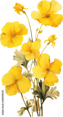 A cluster of bright yellow flowers with green leaves, rendered in a painterly style. The flowers are delicate and delicate.