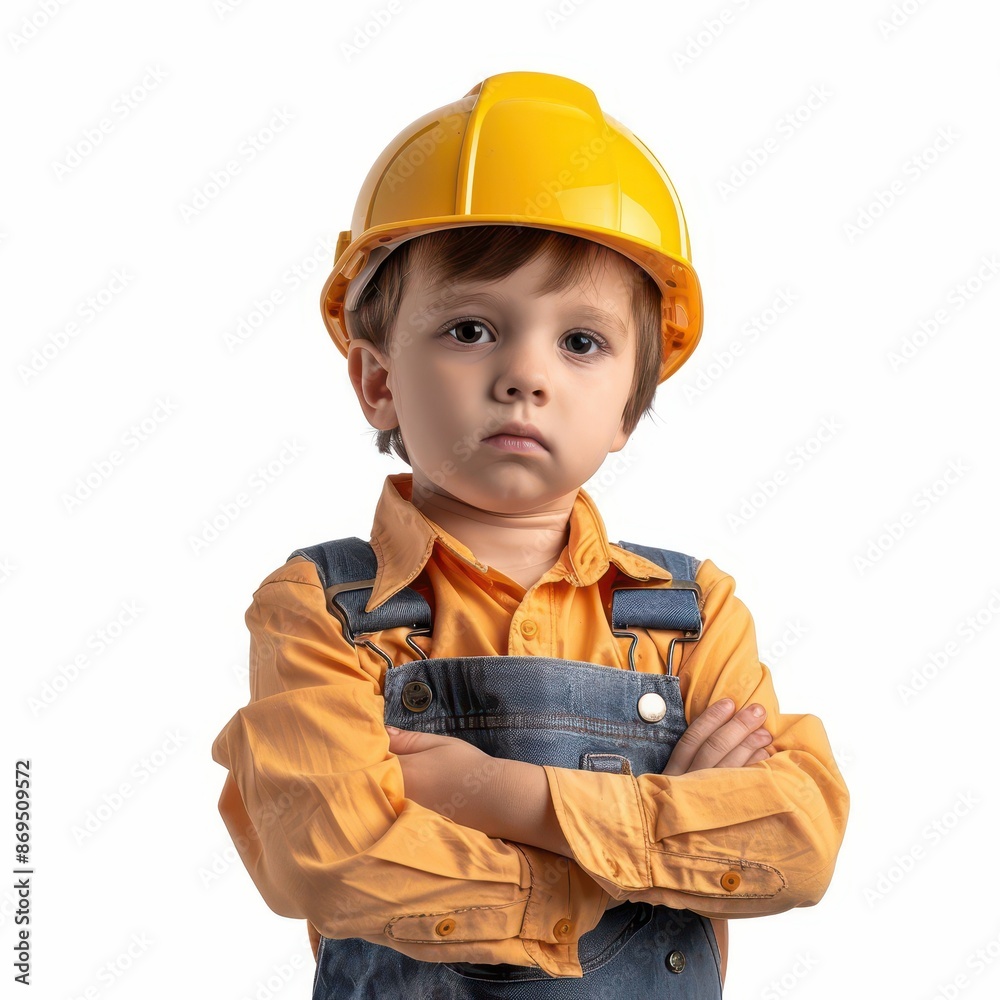 cute little professional engineer standing , looking directly at the camera with an attentive expression isolated on white background