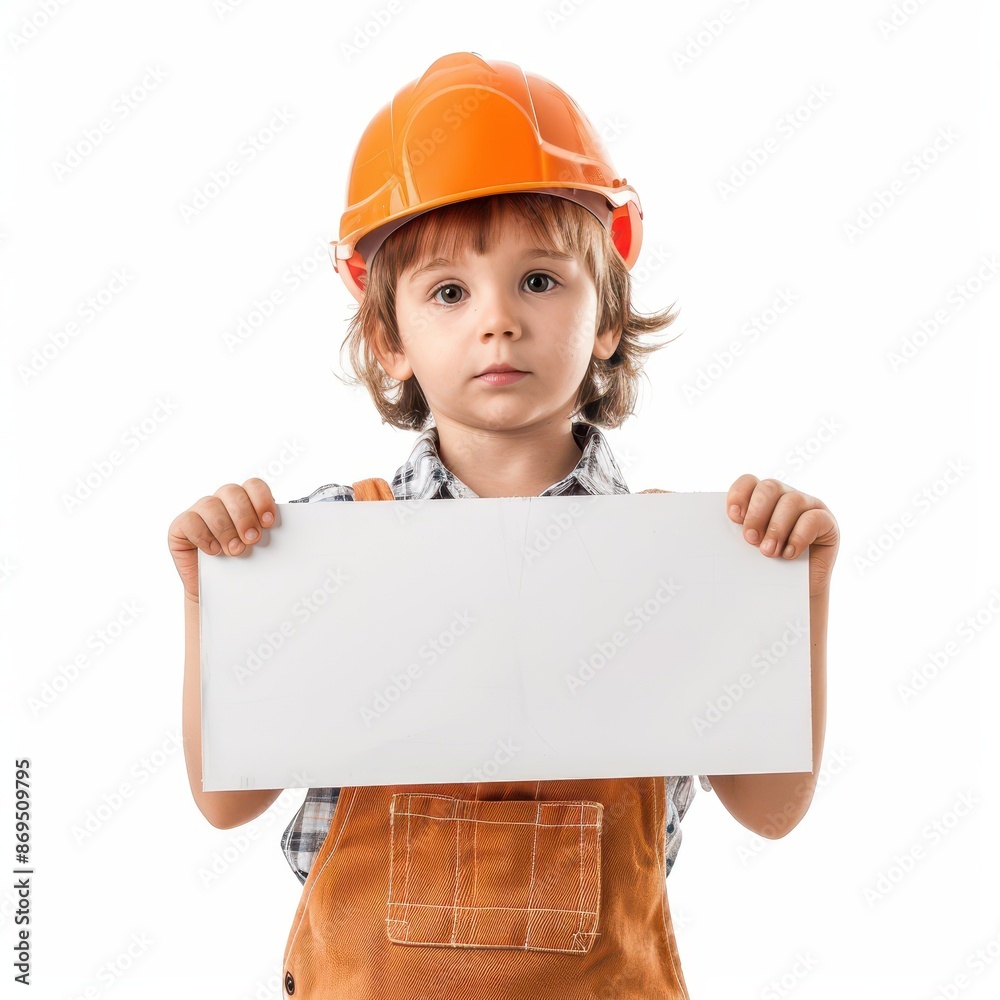 cute little professional Carpenter standing and hand holds a white acrylic sheet, looking directly at the camera with an attentive expression isolated on white background cute little professional Carpenter standing and hand holds a white acrylic sheet, looking directly at the camera with an attentive expression isolated on white background