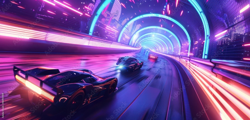 Graphic illustration of a futuristic race track with high-speed vehicles competing under neon lights. Graphic illustration of a futuristic race track with high-speed vehicles competing under neon lights.