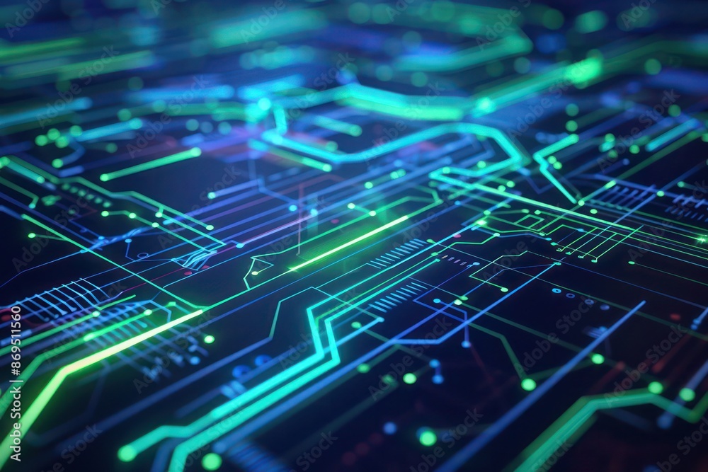 High-tech circuit board layout with glowing blue and green lines, suitable for technology and innovation themes. High-tech circuit board layout with glowing blue and green lines, suitable for technology and innovation themes.