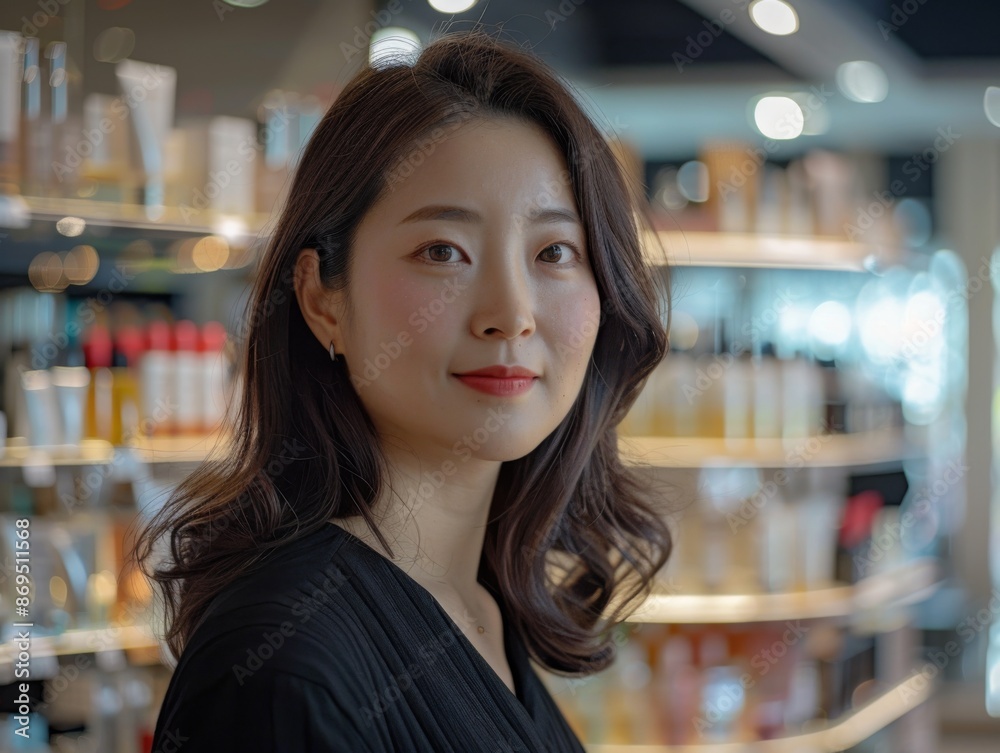 The consultant is an Asian-looking woman in a cosmetics store The consultant is an Asian-looking woman in a cosmetics store