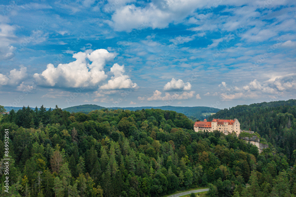 Bird's eye view of Rabenstein Castle in the Ailsbach Valley in Franconian Switzerland Bird's eye view of Rabenstein Castle in the Ailsbach Valley in Franconian Switzerland