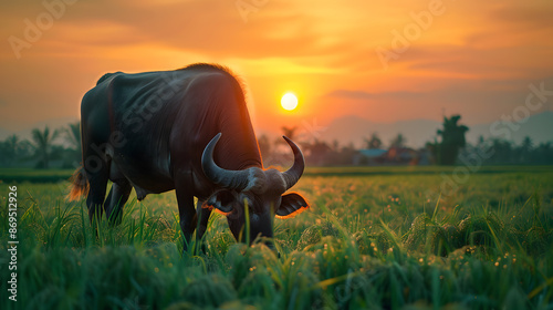 Water Buffalo Grazing at Sunset