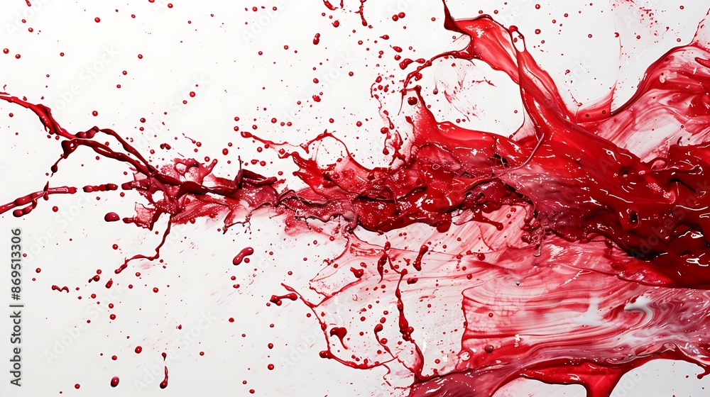 Ruby red paint splashes frozen in motion, capturing the fluidity and movement on a clean white canvas. Ruby red paint splashes frozen in motion, capturing the fluidity and movement on a clean white canvas.