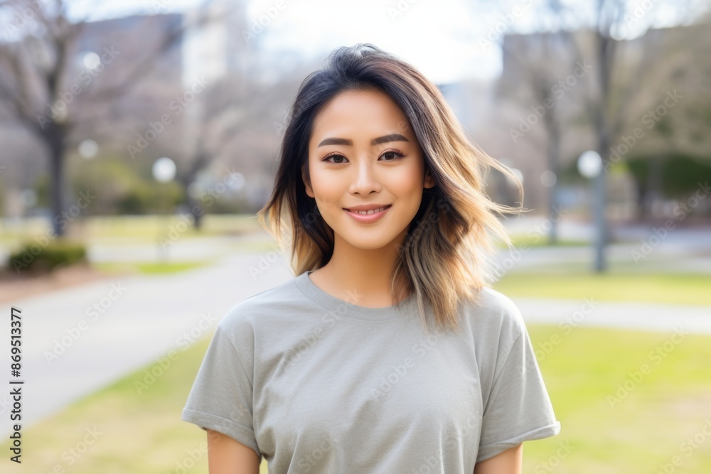 Portrait of a cheerful asian woman in her 20s dressed in a casual t-shirt isolated in vibrant city park Portrait of a cheerful asian woman in her 20s dressed in a casual t-shirt isolated in vibrant city park