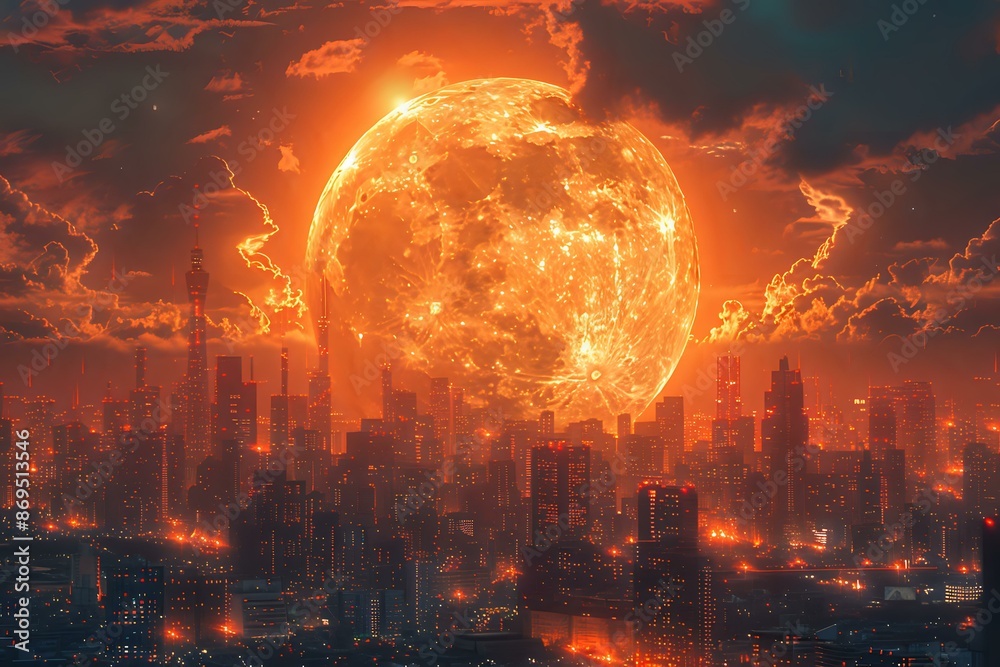 Obraz premium Dramatic scene of a fiery moon rising over a cityscape, creating a surreal and powerful image. Ideal for themes of fantasy, mystery, and urban landscapes.