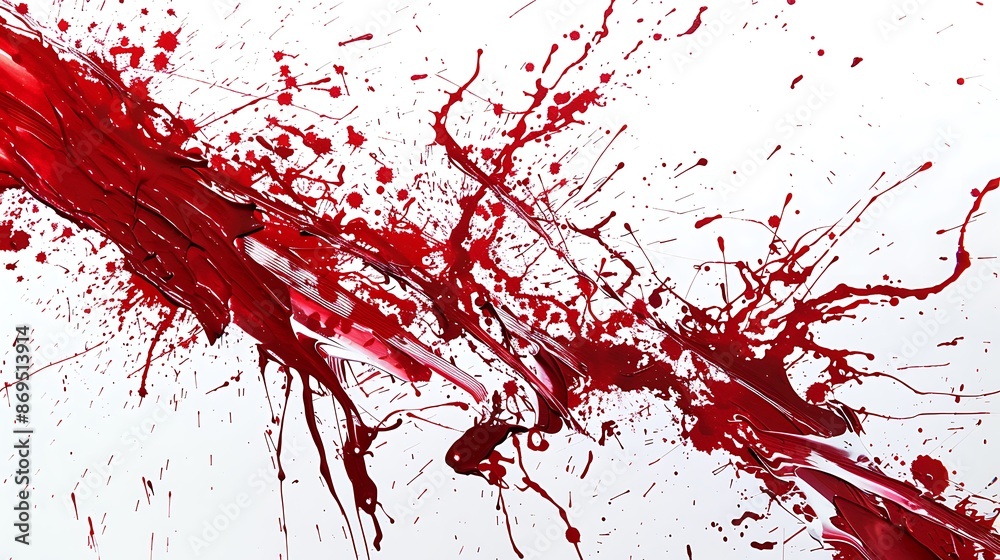 Ruby red paint splatters frozen in time, capturing the dynamic and chaotic nature on a clean white backdrop. Ruby red paint splatters frozen in time, capturing the dynamic and chaotic nature on a clean white backdrop.
