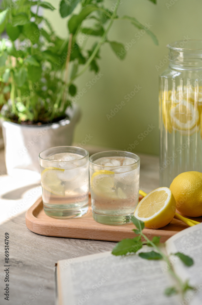 Glasses with summer lemonade drink, lemons, jug, open book, mint plant on table with natural sunlight, neutral beige and green background Glasses with summer lemonade drink, lemons, jug, open book, mint plant on table with natural sunlight, neutral beige and green background