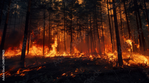 Forest fire with trees on fire