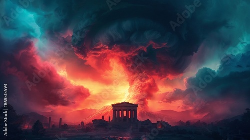 Ancient Greek city with digital twins predicting a tornado, glowing technology, high detail, digital illustration, vibrant colors, surreal atmosphere photo