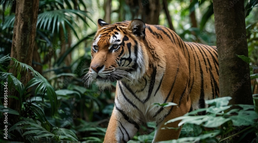 Fototapeta premium Majestic Bengal tiger fierce and wild hides in tropical