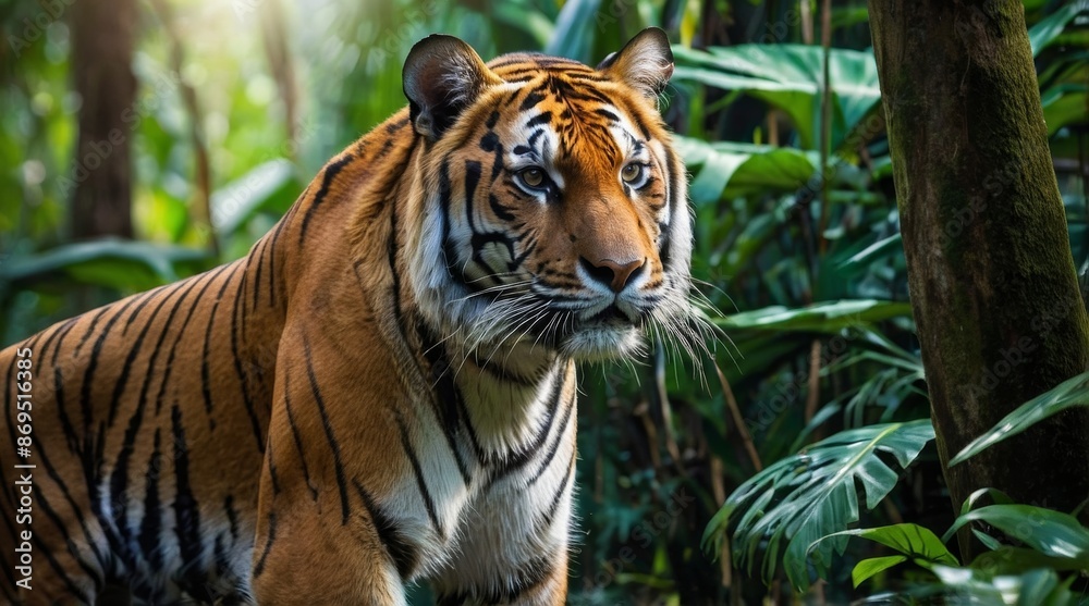 Majestic Bengal tiger fierce and wild hides in tropical Majestic Bengal tiger fierce and wild hides in tropical