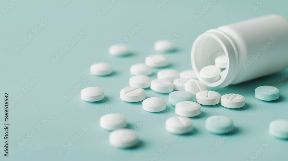White Pills Spilled from Bottle on Blue Background White Pills Spilled from Bottle on Blue Background