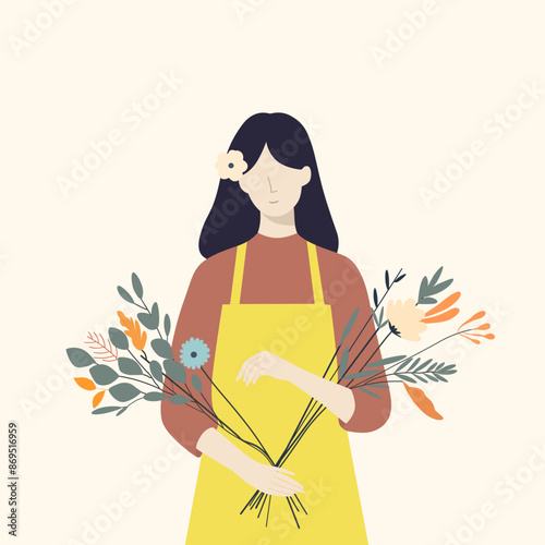 Florist holding flowers illustration. Vector illustration of a female florist holding a colorful bouquet, wearing a yellow apron. Minimalist style, perfect for marketing materials and botanical themes