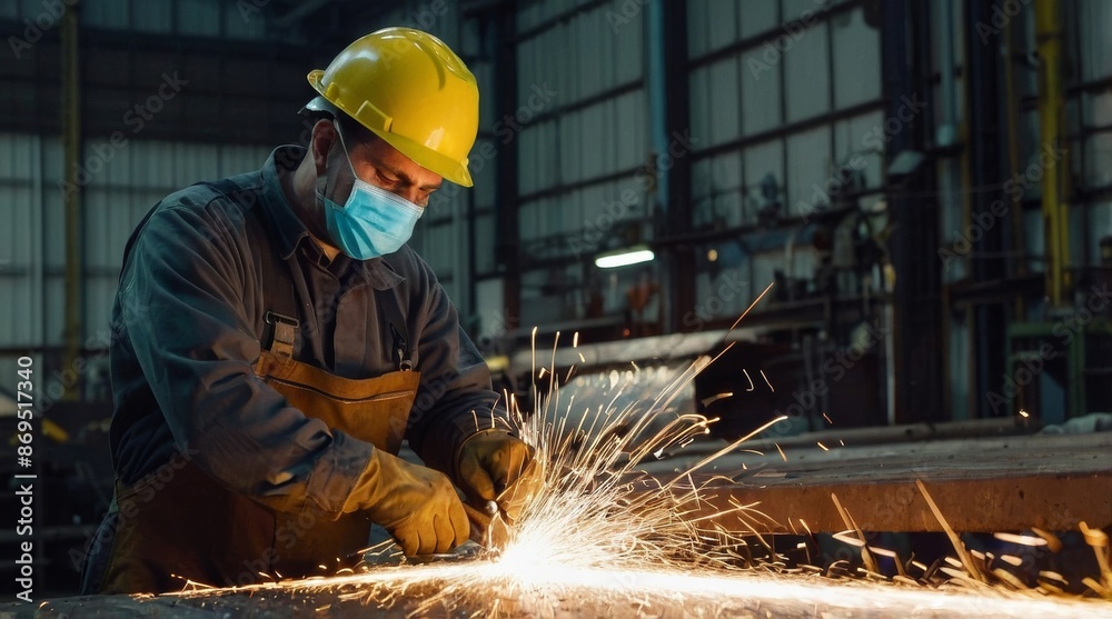 Man in uniform and protective mask is working at metal Man in uniform and protective mask is working at metal