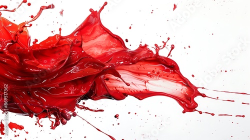 Ruby red paint swirling and splattering, creating dynamic movement on a white background. photo