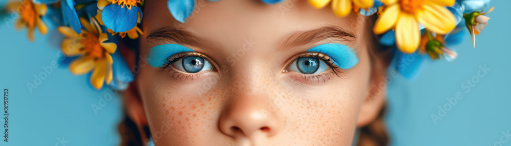 Obraz premium Close-up Portrait of a Child with Blue Face Paint and a Flower Crown, Celebrating Children's Day and Artistic Expression