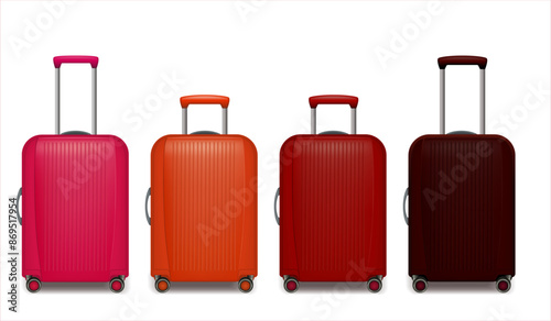 Set of Realistic red wheeled travel bags with hand. Plastic travel suitcase. 3d illustration isolated on white background. Vector illustration.