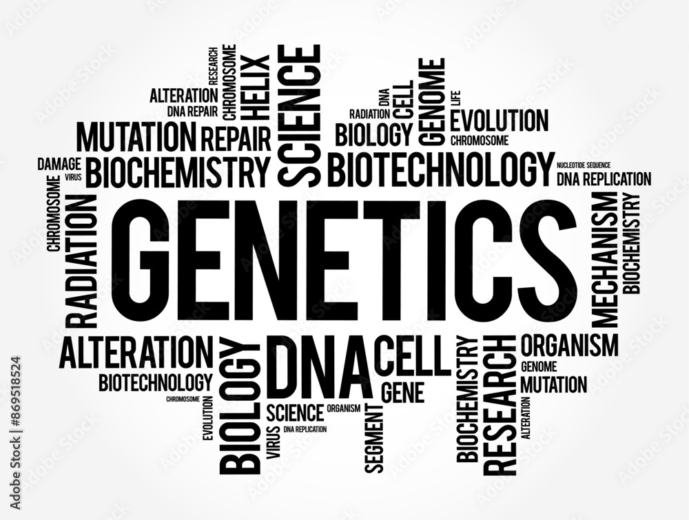 Fototapeta premium Genetics is a branch of biology concerned with the study of genes, genetic variation, and heredity in organisms, word cloud concept background