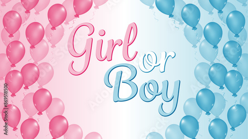  Celebration background with pink and blue balloons for gender party. Boy or girl. Know gender of unborn child. Baby Shower party decor. Design for holiday greeting card and invitation