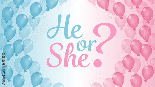  Celebration background with pink and blue balloons for gender party. Boy or girl. Know gender of unborn child. Baby Shower party decor. Design for holiday greeting card and invitation