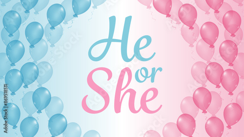  Celebration background with pink and blue balloons for gender party. Boy or girl. Know gender of unborn child. Baby Shower party decor. Design for holiday greeting card and invitation