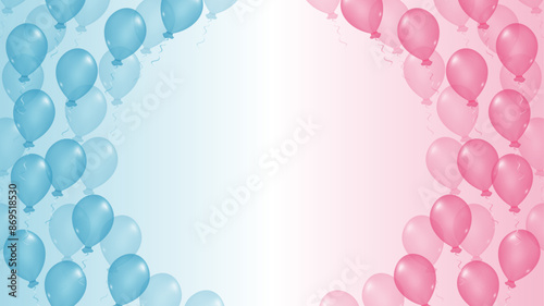  Celebration background with pink and blue balloons for gender party. Boy or girl. Know gender of unborn child. Baby Shower party decor. Design for holiday greeting card and invitation