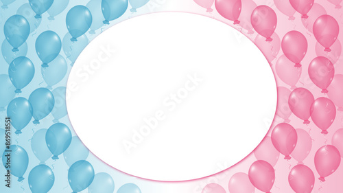 Celebration background with pink and blue balloons for gender party. Boy or girl. Know gender of unborn child. Baby Shower party decor. Design for holiday greeting card and invitation