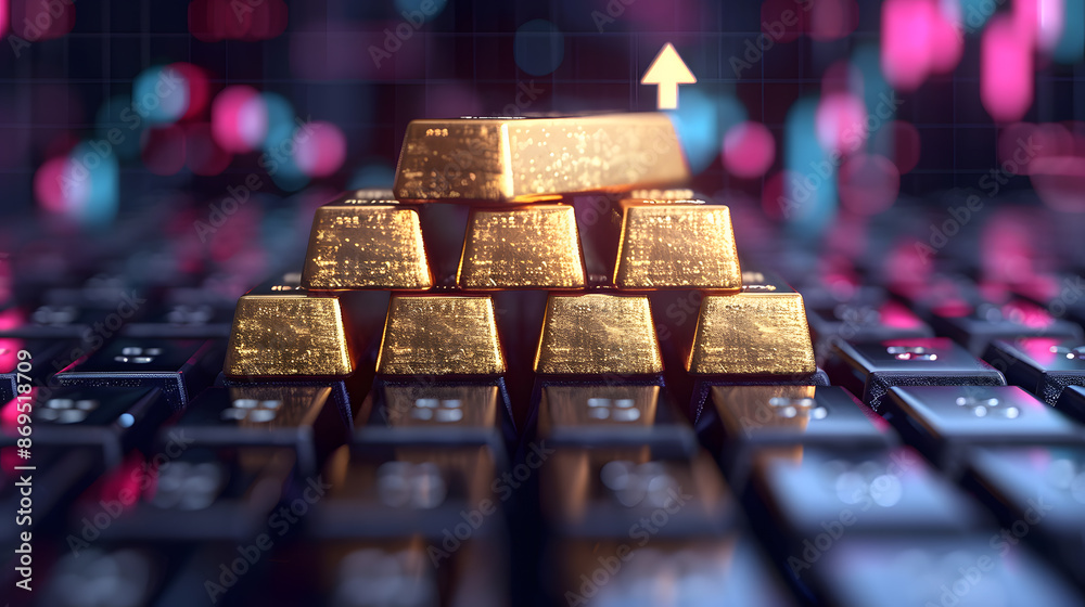 Gold bar resting on a stocks and shares graph Gold bar resting on a stocks and shares graph