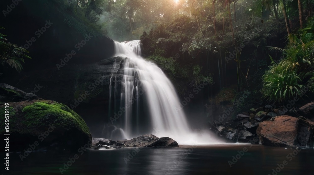 beautiful waterfall in the jungle with green trees and rocks beautiful waterfall in the jungle with green trees and rocks