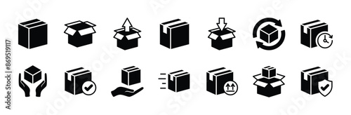 Package box flat icon vector set. Containing open cardboard, fast delivery box, container, parcel protection, storage, good packing, fragile, wrapped, offer, processed, product shipping, merchandise